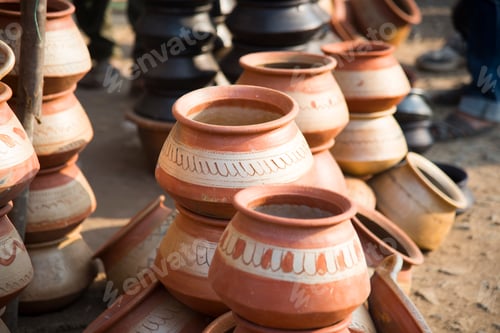 Preview: Earthen pots for selling roadside at rural India.