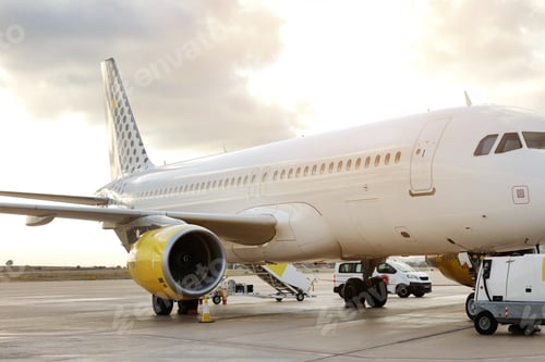 Preview: Side view of large white passenger airplane parked at terminal airport on runway against dramatic su