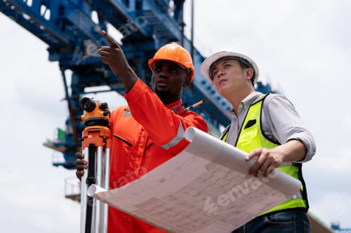 Preview: Surveyors and engineers using a theodolite and plans to measure during road construction.