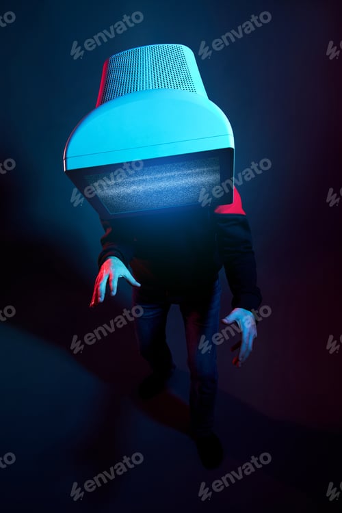 Preview: Man with a TV monitor for a head. Propaganda from the TV screen