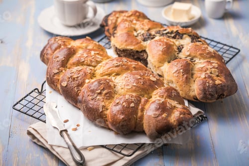 Preview: Tsoureki braid, greek easter sweet bread, on wood