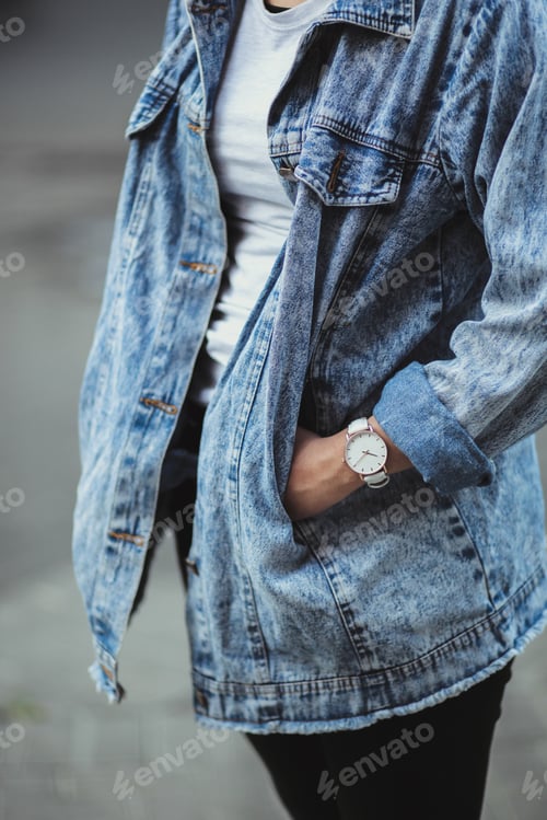 Preview: Fashionable Adult Wearing Denim Jacket and Wristwatch