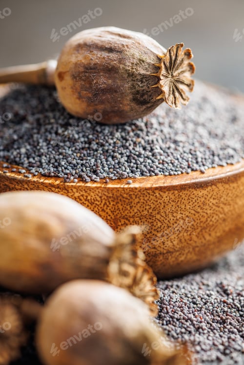 Preview: Dry head and poppy seed in bowl on kitchen table.