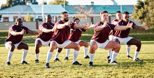 Preview: Rugby, haka or team with unity, support or motivation in a battle cry, war dance or challenge with
