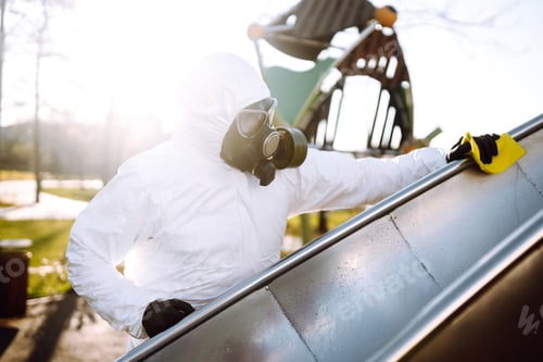 Preview: Man wearing protective suit washes and disinfecting playground to preventing the spread of epidemic