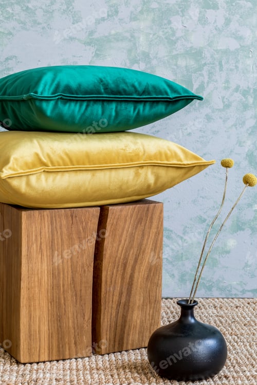 Preview: Stylish composition of cozy living room interior details and colourful classy pillows.