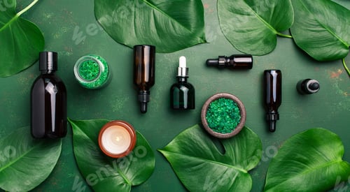 Preview: zero waste eco friendly hygiene concept. reusable cosmetic bottles, essential oils droppers monstera