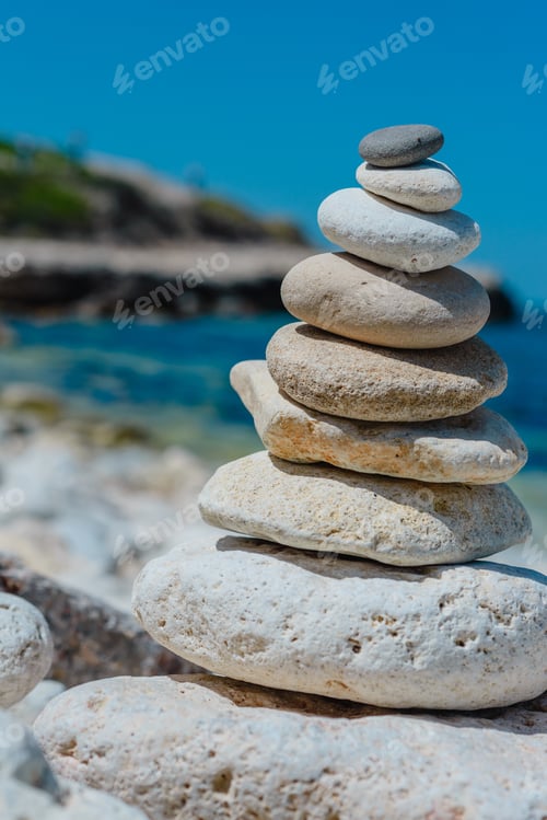 Preview: Heap Of Stones- Cobble. Boulders On The Beach On Background Of Blue Sky- Abstract Natural Landscape