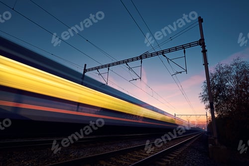 Preview: Long exposure of train on railroad track at sunrise