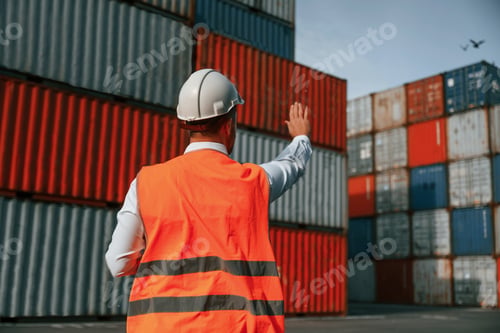 Preview: Rear view. Controlling the process. Male worker is on the location with containers