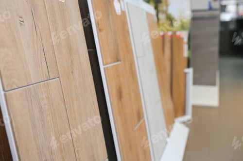 Preview: Large assortment of floor tiles or a selection at a hardware store. Repair material