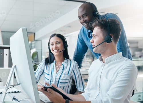 Preview: Business, manager help employees and call center for customer support, telemarketing or explain new