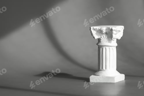 Preview: Roman marble column backdrop with art deco decor, display, mockup. Gray background for product