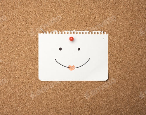 Preview: Paper sheet with joyful emotion attached by button on brown board