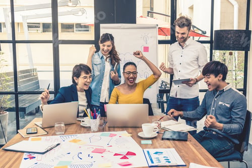 Preview: Group Of Asian and Multiethnic Business people with casual suit working with happy action