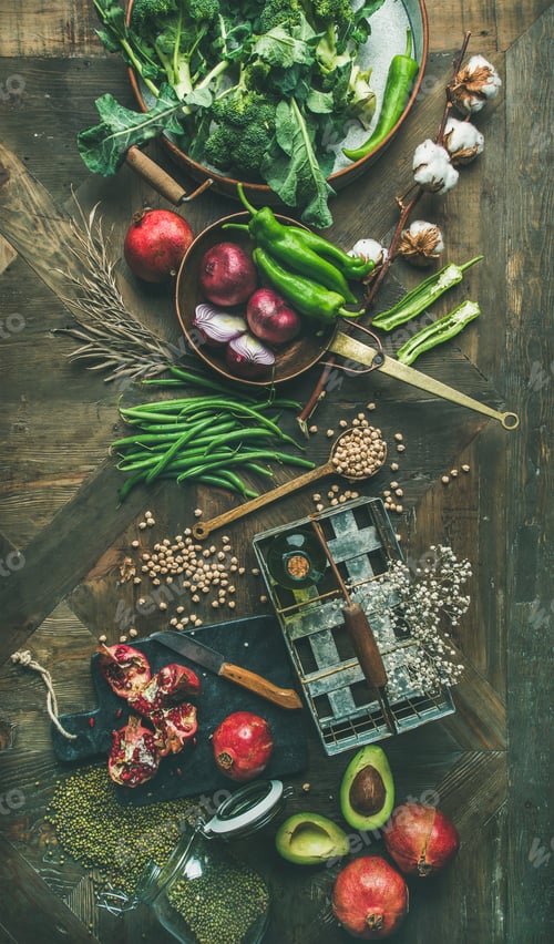 Preview: Winter vegetarian or vegan food cooking ingredients, vertical composition