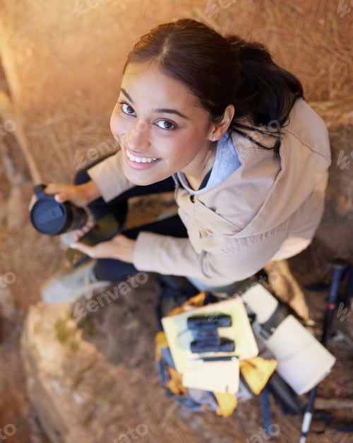 Preview: Woman, travel and hiking, fitness and adventure portrait with coffee break, explorer and trekking t