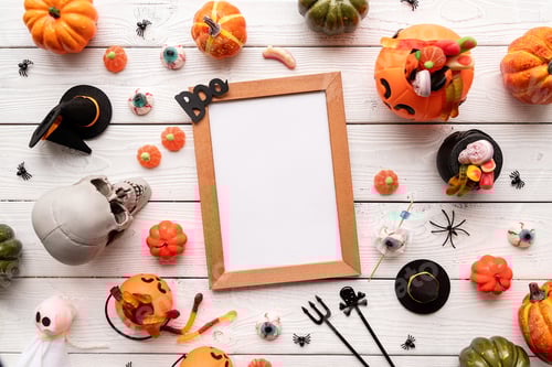 Preview: Halloween frame mock up template with candy flat lay