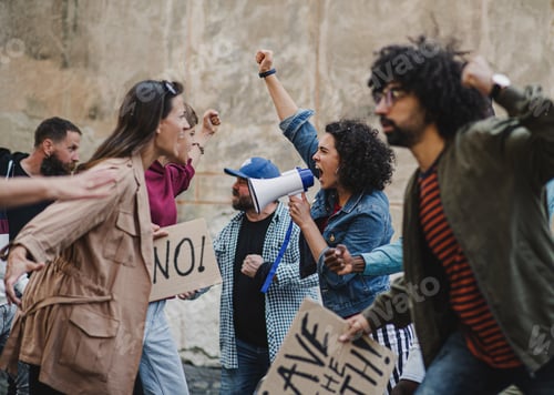 Preview: Group of people activists protesting on streets, strike, demonstration and fight concept.