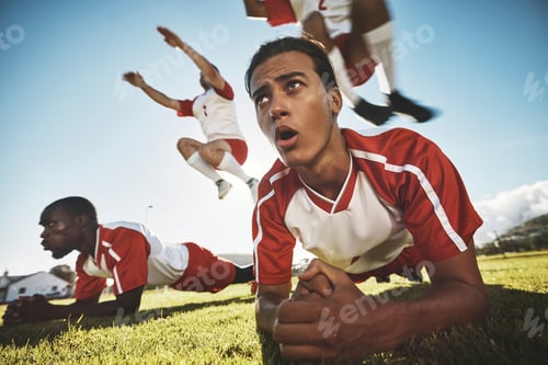 Preview: Fitness, soccer and team workout on field, jumping and plank exercise practice before game. Sports,