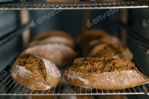 Preview: bakery fresh and fragrant bread lies on the shelves of the craft production of flour products