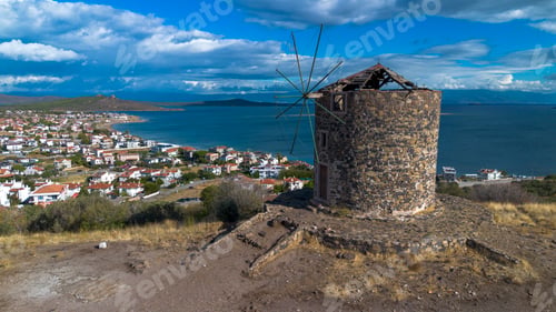 Preview: Historical windmill in Cunda Island (Alibey Island). Ayvalik, Balikesir, Turkey.