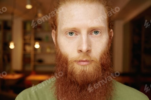 Preview: Close up shot of handsome young freckled man looking at camera with serious expression on his face p