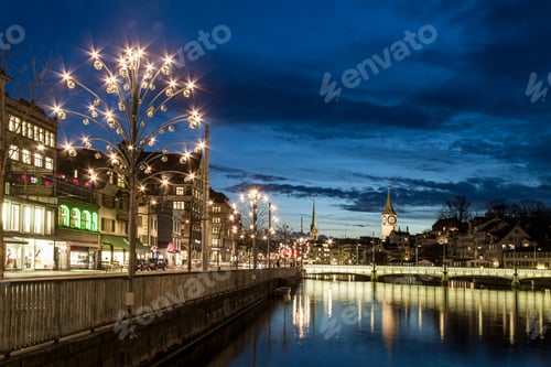 Preview: Switzerland, Zurich, View of Christmas celebration at River Limmat