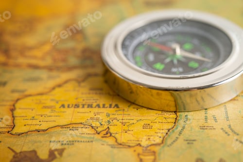 Preview: Bangkok, Thailand - January 20, 2022 Australia, Compass for navigation on vintage old antique
