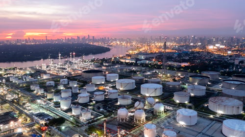 Preview: Aerial view oil and gas industry refinery at sunset, Aerial view oil and gas Industrial.