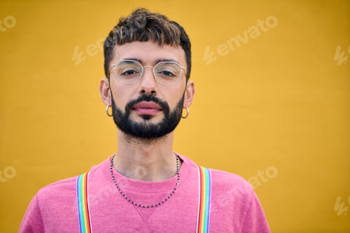 Preview: Close up portrait attractive serious young Caucasian man rainbow LGBT suspenders. Gay millennial.