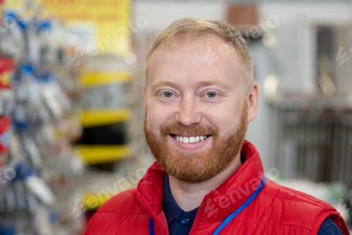 Preview: Young cheerful shop assistant in red uniform