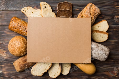 Preview: Minimalist paper blank mockup on background of Types of homemade bread.