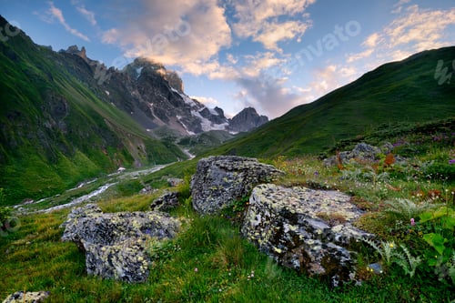 Preview: Rural landscape, Ushba Mountain in background, Caucasus, Svaneti, Georgia
