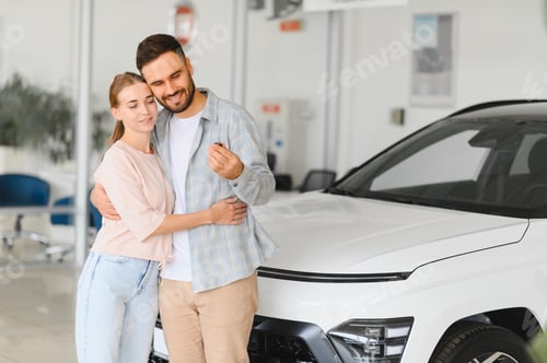 Preview: Happy couple holding keys of new car at dealership
