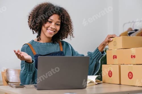 Preview: Start up small business entrepreneur SME or freelance asian woman using laptop with box, Young