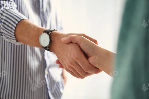 Preview: Man and woman shaking hands on light background, closeup. Help and support concept