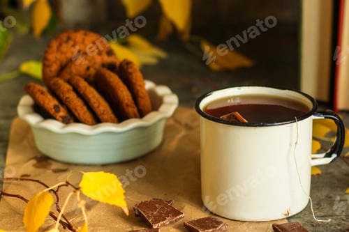 Preview: Cup Of Tea With Cookies (Break, Tea Party, Gifts) Autumn, Yellow Foliage. Top Food Background. Copy