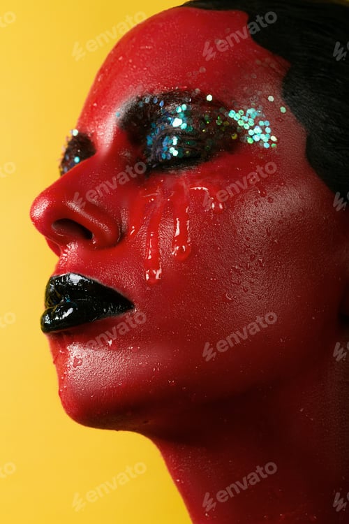 Preview: Fantastic Girl With Red Skin On A Yellow Background And White Teeth And Black Lips