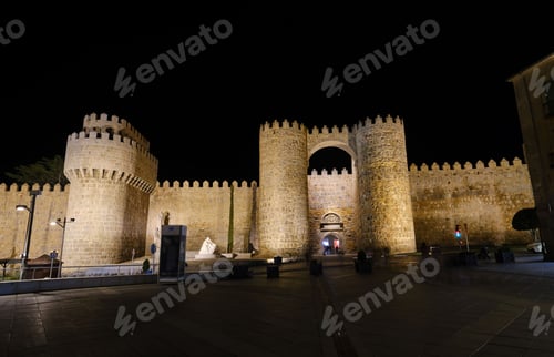 Preview: Beautiful view of the fortress at night in Avila, Spain