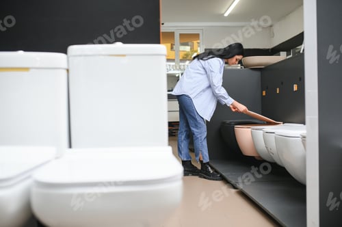 Preview: Young woman choosing bathroom toilet bowl and utensils for his home