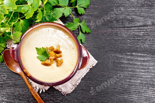 Preview: Soup puree of chanterelle in bowl on dark board top