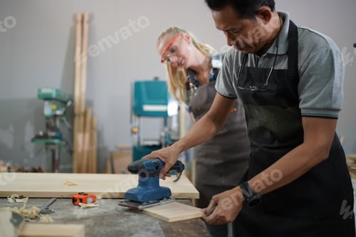 Preview: Carpenters Assembling Furniture, Small business in wood DIY workplace office background