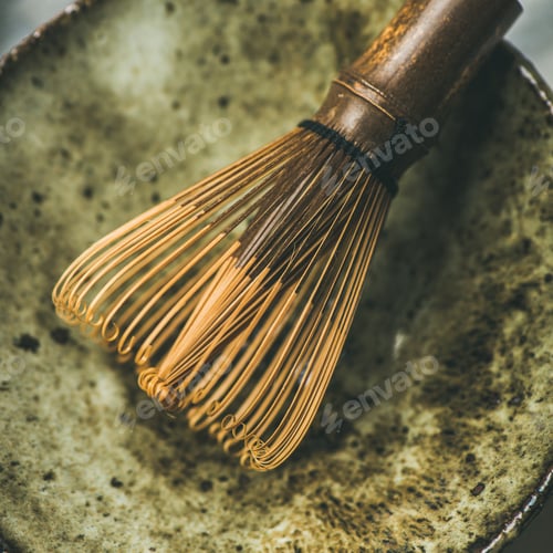 Preview: Chasen bamboo whisk, Chawan bowl over grey background, square crop