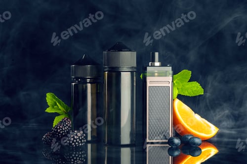 Preview: Vape and smoking liquid with fruit against black background with smoke