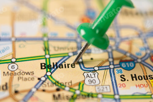 Preview: BeHaire, Harrison County, Texas road map with red pushpin, city in the United States of America USA.