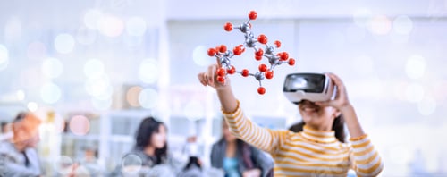 Preview: Girl using VR glasses learning molecular model chemistry science at home.