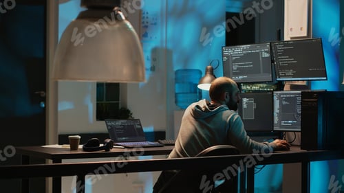 Preview: IT system engineer coding interface on multiple monitors