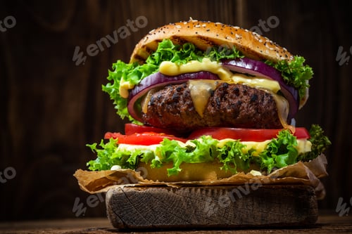 Preview: Grilled Burger with Vegetables on Wooden Background
