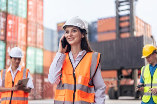 Preview: Caucasian businesswoman talk on phone while work in container terminal.